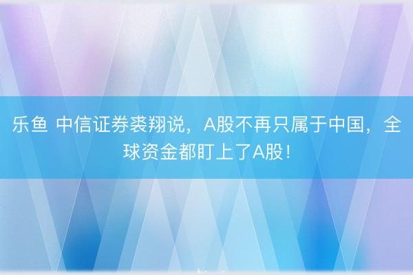 乐鱼 中信证券裘翔说，A股不再只属于中国，全球资金都盯上了A股！