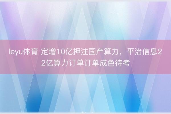 leyu体育 定增10亿押注国产算力,平治信息22亿算力订单订单成色待考